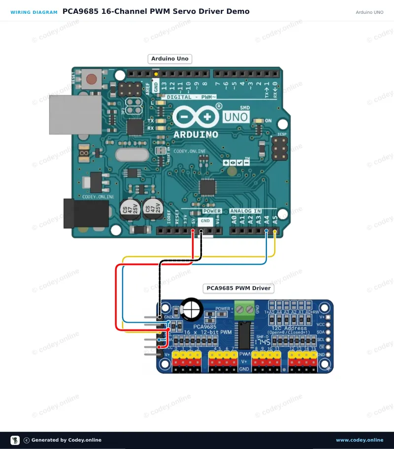 Anschlussplan: 16-Kanal 12-Bit PWM Servo Driver I2C an einem Arduino UNO
