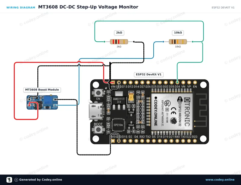 Anschlussplan: MT3608 2A Max DC-DC Step-Up Power Modul Booster Power Modul an einem ESP32 DevKit V1